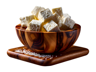 Wooden bowl filled with diced tofu cheese cubes, clean and fresh presentation,