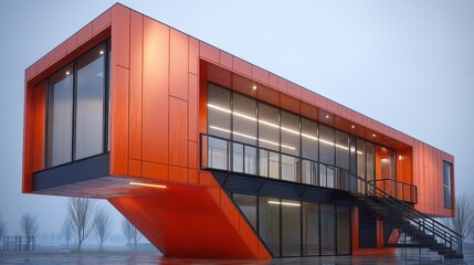 A high-resolution architectural photograph of a bold, modern house painted in a strikingbright orange-red hue