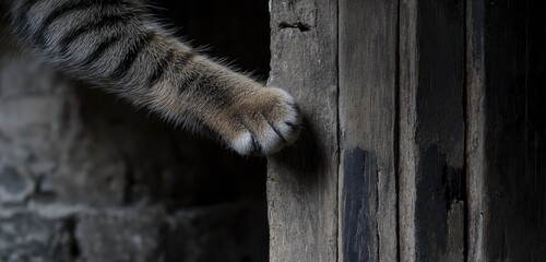 A cata??s paw slowly wrapping around the corner of an ancient wooden door, its claws slightly extended as if ready to pounce. The shadows cast an ominous tone, adding to the sense of lurking mystery.