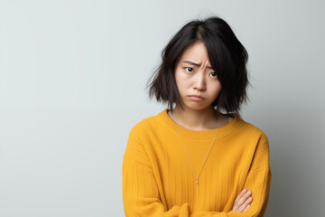 Fototapeta premium Young Asian Woman Showing Sad and Unhappy Emotions, Expressing Loneliness and Emotional Distress