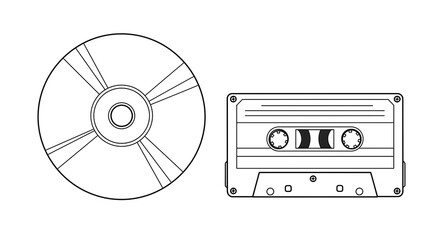 Black and White Line Art Drawing of a CD and an Audio Cassette Tape - Media Formats and Retro Technology.