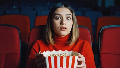 woman watching a scary movie at the cinema