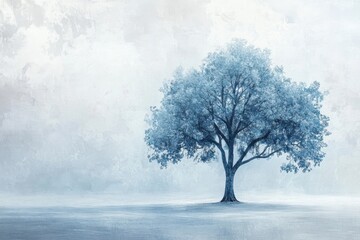 A serene minimalist tree depicted in soft blue tones to evoke tranquility and calmness. A tree stands alone on a small island in a body of water. The scene is serene and peaceful.