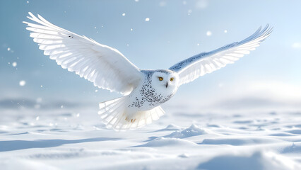 White owl flying in snow
