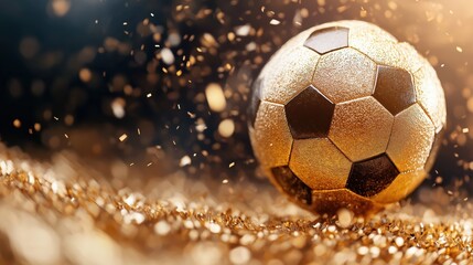 Fototapeta premium Golden football trophy shines brightly, showcasing intricate design and symbolizing ultimate achievement in the sport