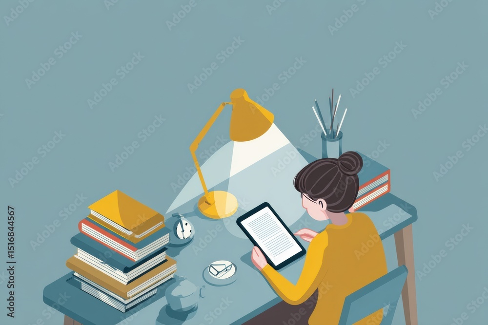 Poster student engaged in online learning using tablet at a well-lit desk surrounded by books and study mat