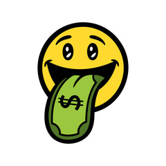smiling face with a dollar bill tongue, funny cartoon money emoji illustration