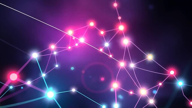 Abstract plexus network of glowing nodes and connecting lines on purple backdrop