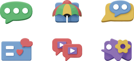 A collection of six colorful cartoonish icons arranged in two rows on a light gray background