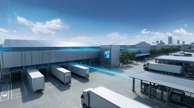 A modern logistics facility is showcased in this dynamic image. Futuristic technology is at work here. Trucks are parked in the yard ready for delivery