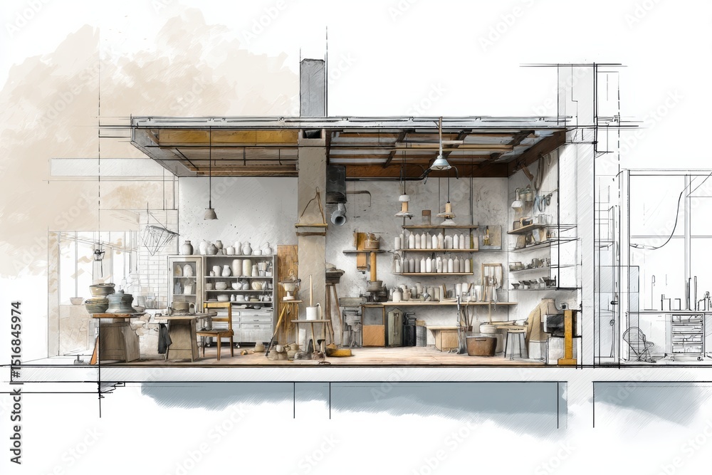 Aufkleber Handmade Ceramic Studio Featuring Various Tools and a Spacious Layout for Creative Projects