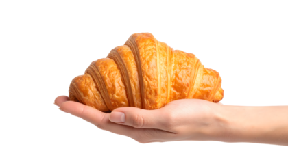 A hand cradles a golden-brown, freshly baked croissant, showcasing its flaky layers, against a light gray background.
