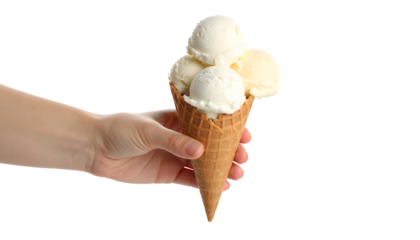 A hand holds a waffle cone filled with four scoops of white and light yellow ice cream.