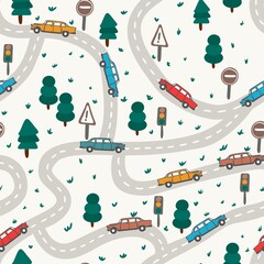 roads, colorful cars and trees pattern design