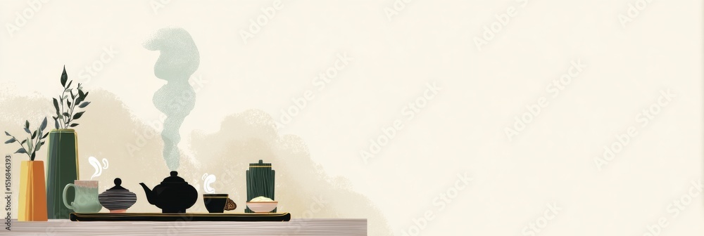 Poster captivating tea ceremony setup featuring steam and calm colors, inviting tranquility in a minimalist