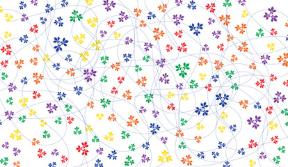 Vibrant Multicolor Floral Pattern with Flowing Lines on White Background, Abstract Floral Arrangement, Festive Colorful Petals, Seamless Botanical Design, Cheerful Flower Illustration