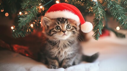 A charming kitten, wearing a fluffy red Santa hat, sitting underneath a Christmas tree. The tree is decorated with twinkling lights, and the kitten??s innocent expression adds to the holiday cheer. 