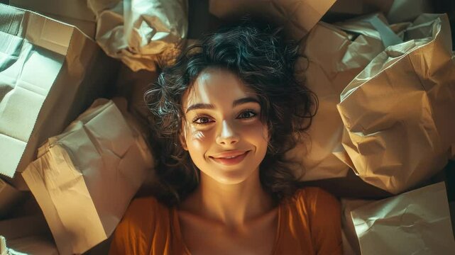 Young woman smiling among numerous paper bags, representing sustainable shopping, eco-friendly lifestyle, zero waste habits, and environmental consciousness in daily choices