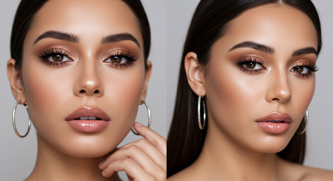 Close up of a woman with brown eyes and makeup wearing hoop earrings in a split screen view