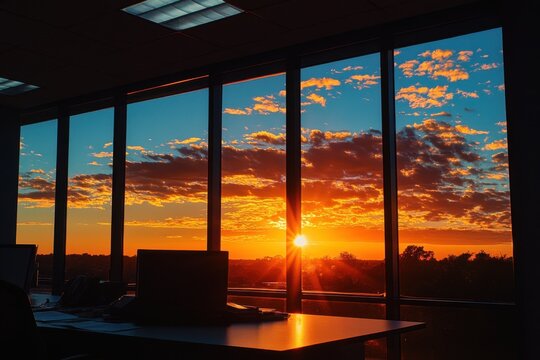 Fototapeta A stunning sunset can be observed through the office windows showcasing nature's artistry. A sunset is seen through a window in a building. The sky is orange and the sun is setting.