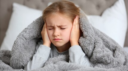 	Young child holding ear with pained expression in pediatric clinic, childhood illness and earache concept, kid suffering from infection or pain at doctor office.