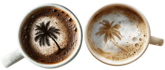 white porcelain cup with a drink seen from above isolated on a white background; aesthetic exotic palm tree drawn on the surface of the coffee; summer accent for advertising a cafe, a good restaurant 