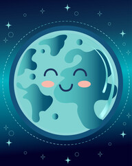 vector cute cartoon kawaii happy planet in space illustration