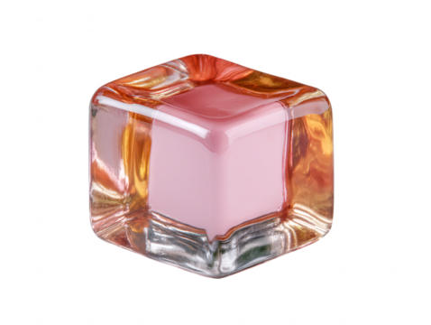 A pink cube is encased in a transparent glass cube that refracts warm colors and light, sitting on a white surface and showing its unique texture design.