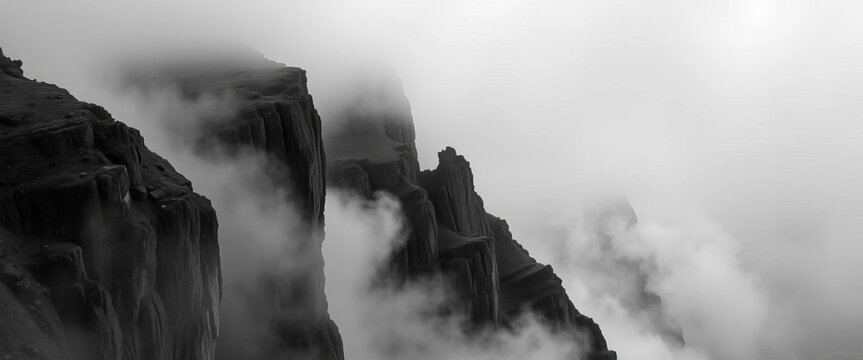 Misty mountain cliff edge, stark black and white, fog-shrouded abyss,  texture,  landscape