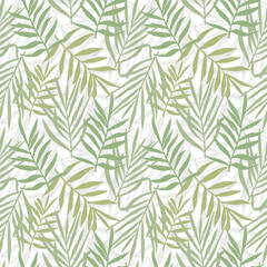 Seamless watercolor pattern with abstract tropical leaves in soft pastel tones. Palm or cane leaf ornate illustration isolated background. For wallpaper, textile design, packaging, home decor