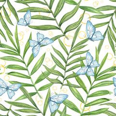 Dreamy watercolor isolated seamless pattern with blue butterflies flying among tropical leaves and abstract yellow fruit juice circles. Hand painted illustration for spa branding, wedding stationery