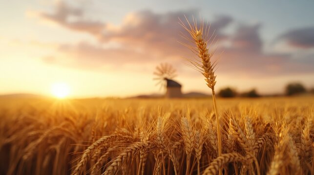 A serene wheat field bathed in golden sunlight, featuring a classic windmill in the background against a picturesque sunset sky, capturing the essence of rural tranquility and beauty. - Powered by Adobe