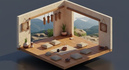 Isometric Illustration of a Minimalist Meditation Retreat Cabin with Wooden Floors