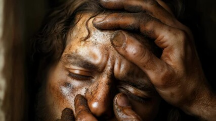 Healing touch wonder: Christ miracle, blind man faith, divine love, sacred hand, restored vision, spiritual awakening, profound belief, Savior presence, life change, merciful blessing