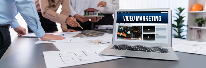 Video Marketing Concept on Laptop Screen. Video Marketing Advertising Business on Social Media and...