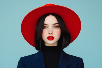 Fashion portrait of woman in red widebrim hat and navy blazer, straight bob haircut and red lipstick, studio shot with vibrant light blue background and minimalist styling

