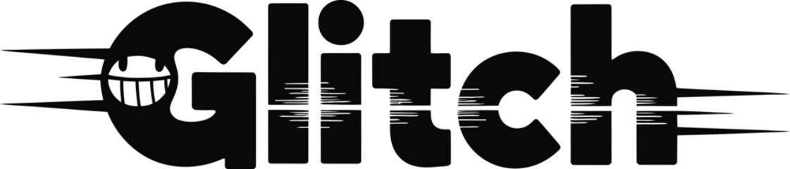 A black glitch text logo with a cartoon face on the g with motion lines on a yellow background