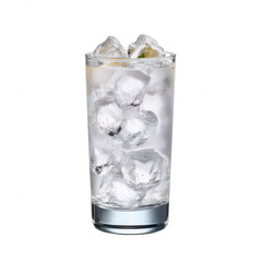 A refreshing glass of clear sparkling soda water is filled with ice cubes and a slice of lemon, isolated on a clean white background to display its purity.