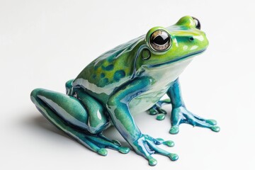 A green frog sitting gracefully on a white background. A frog with green and blue spots is sitting on a white background.
