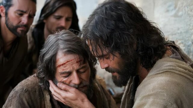 Sacred vision moment: Jesus Christ gesture, blind man healing, Savior hand, divine mercy, miracle power, spiritual light, compassionate act, restored sight, holy presence, transforming grace