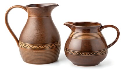 Two brown ceramic pitchers isolated on white background