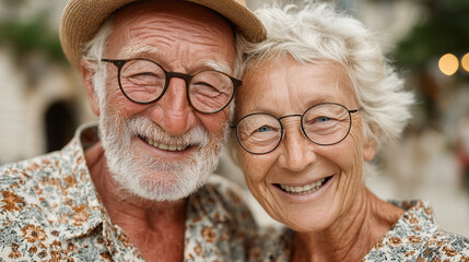 Happy senior couple smiling at camera during summer vacation. Elderly love, travel and joyful aging concept.