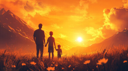 Fototapeta premium Silhouettes of father and two sons holding hands, standing on a meadow and watching the sunset behind the mountains. Emotional family moment. Fathers day.