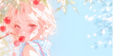 果樹園の女性。水彩画。イラスト。