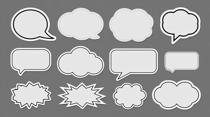 Collection of various speech bubbles and thought bubbles in white with black outlines on a gray background created with generated ai