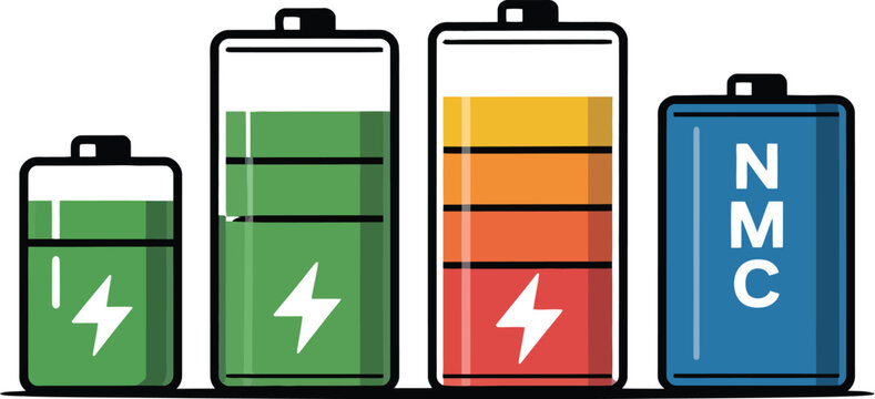 Four batteries showing different charge levels with lightning bolt and nmc label on a light background