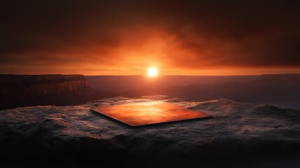 A breathtaking sunset over a canyon, with golden light reflecting off a polished surface, capturing the tranquility and beauty of nature's extraordinary formations.