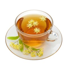 Linden flower tea in glass cup isolated on white background