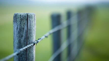 A close-up shot of a rustic wooden fence post, with barbed wire running across it against a blurred natural background, conveying a sense of tranquility and rural life.