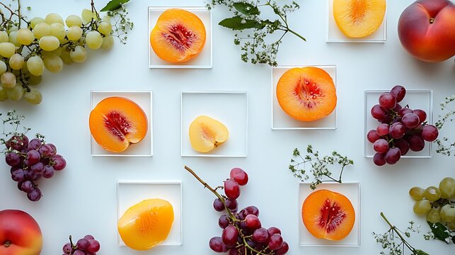 A cool white tabletop with nectarine slices and grapes placed alternately in square outlines 
